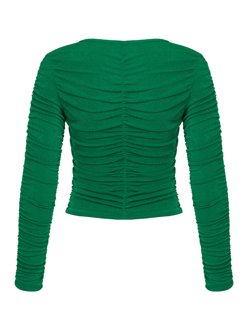 A stylish green V-neck draped cropped top with long sleeves, featuring vibrant colors inspired by video games.