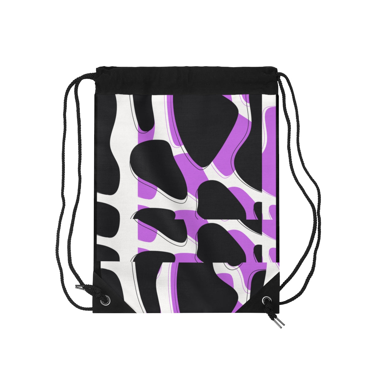 A stylish and lightweight drawstring bag made of durable polyester, featuring a small zipper pocket inside and fully lined with black sheeting.