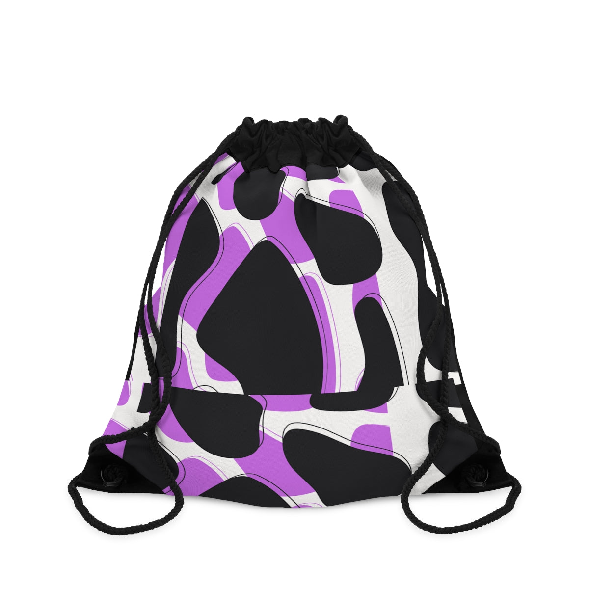 A stylish and lightweight drawstring bag made of durable polyester, featuring a small zipper pocket inside and fully lined with black sheeting.