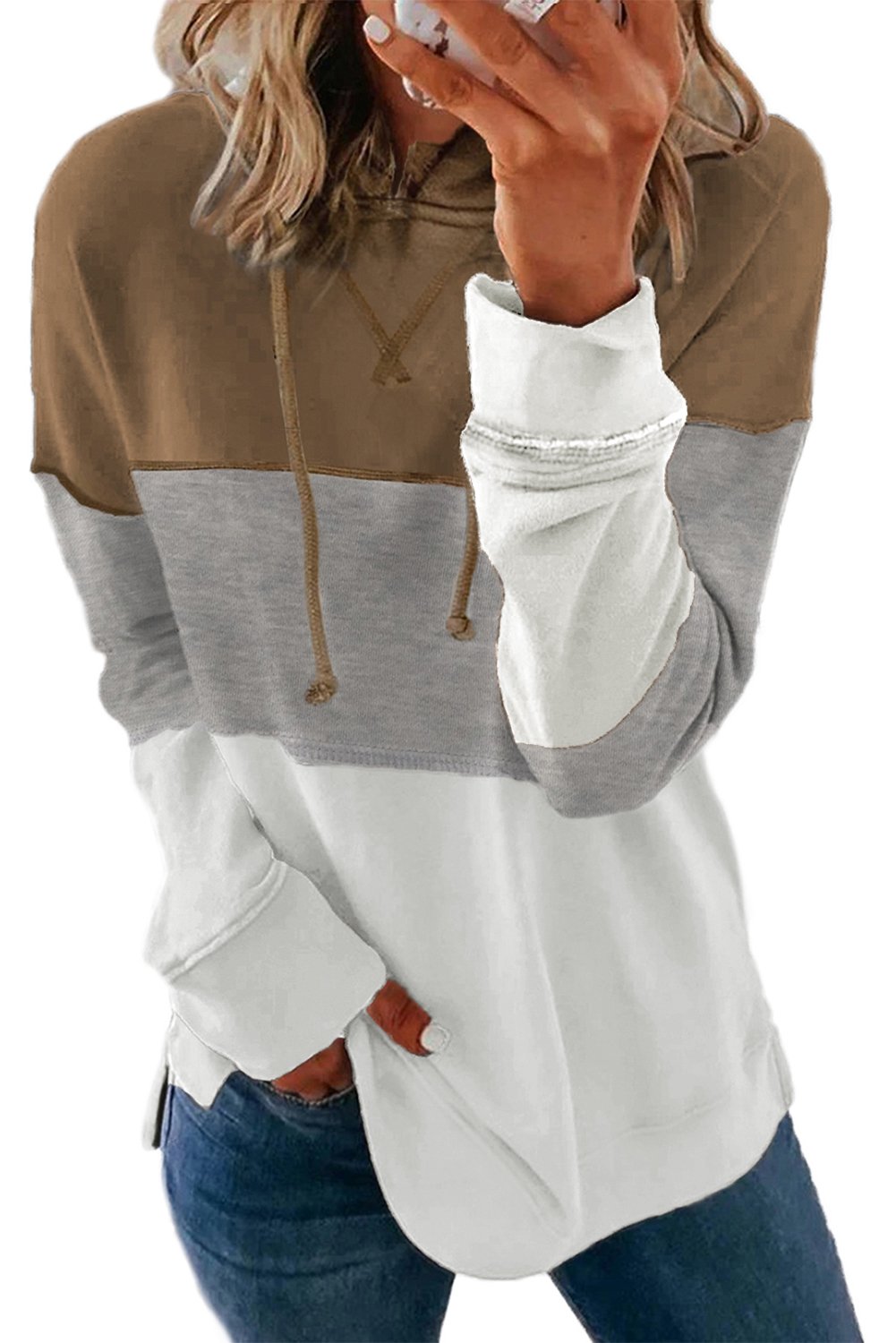 A stylish drawstring hoodie featuring a color block design with pastel stripes, perfect for casual wear.