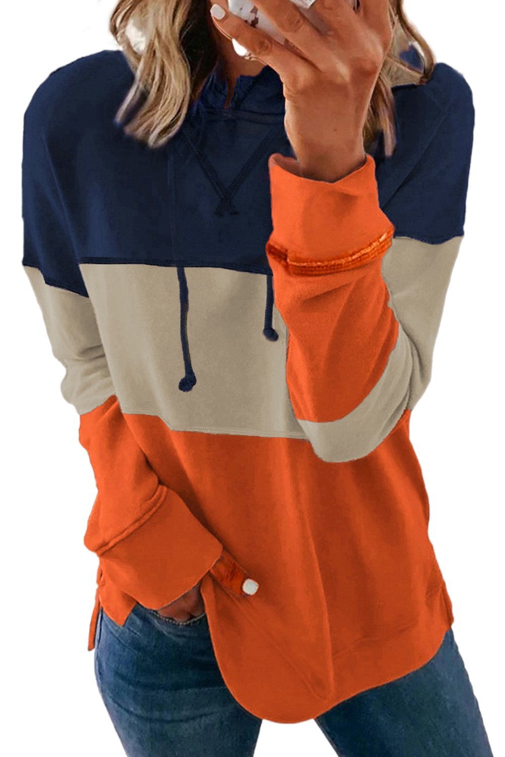 A stylish drawstring hoodie featuring a color block design with pastel stripes, perfect for casual wear.