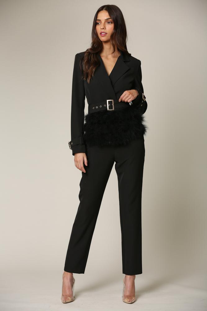 Dreama blazer and pant set featuring faux fur trim and stylish design.