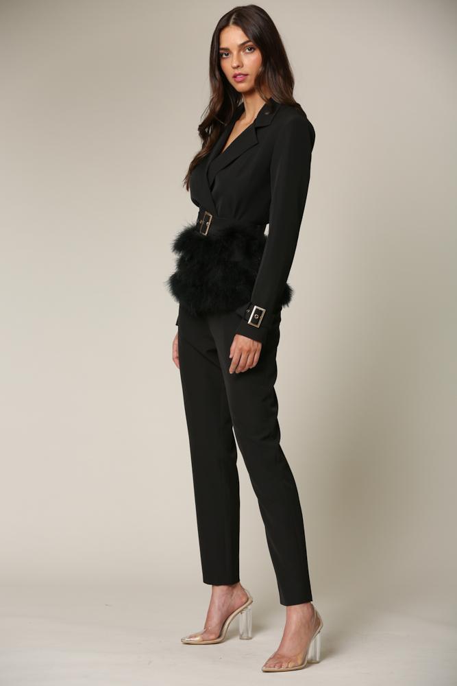 Dreama blazer and pant set featuring faux fur trim and stylish design.