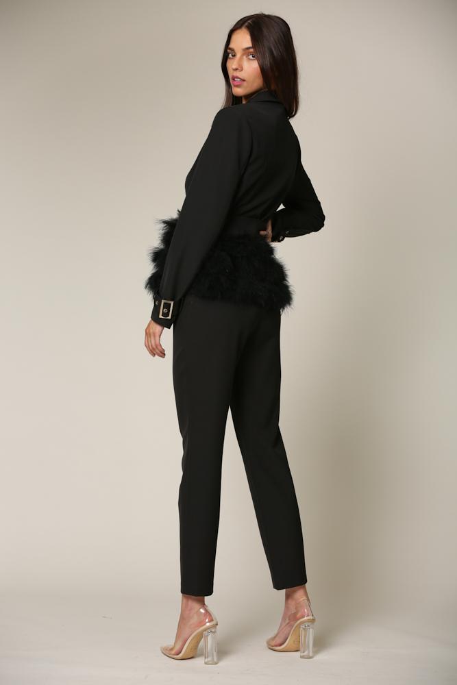 Dreama blazer and pant set featuring faux fur trim and stylish design.