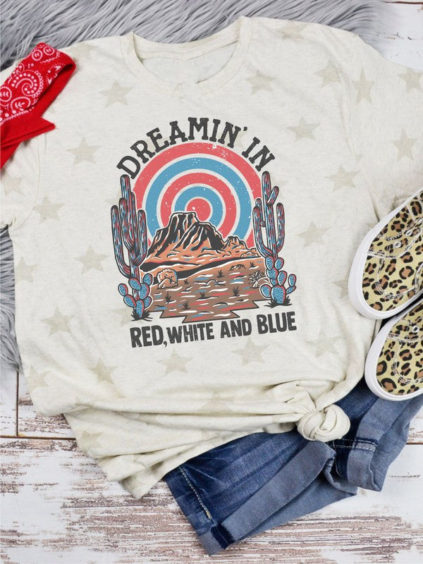 Dreamin' in Red White and Blue Patriotic Tee featuring a natural stars print, made from a soft cotton-polyester blend.