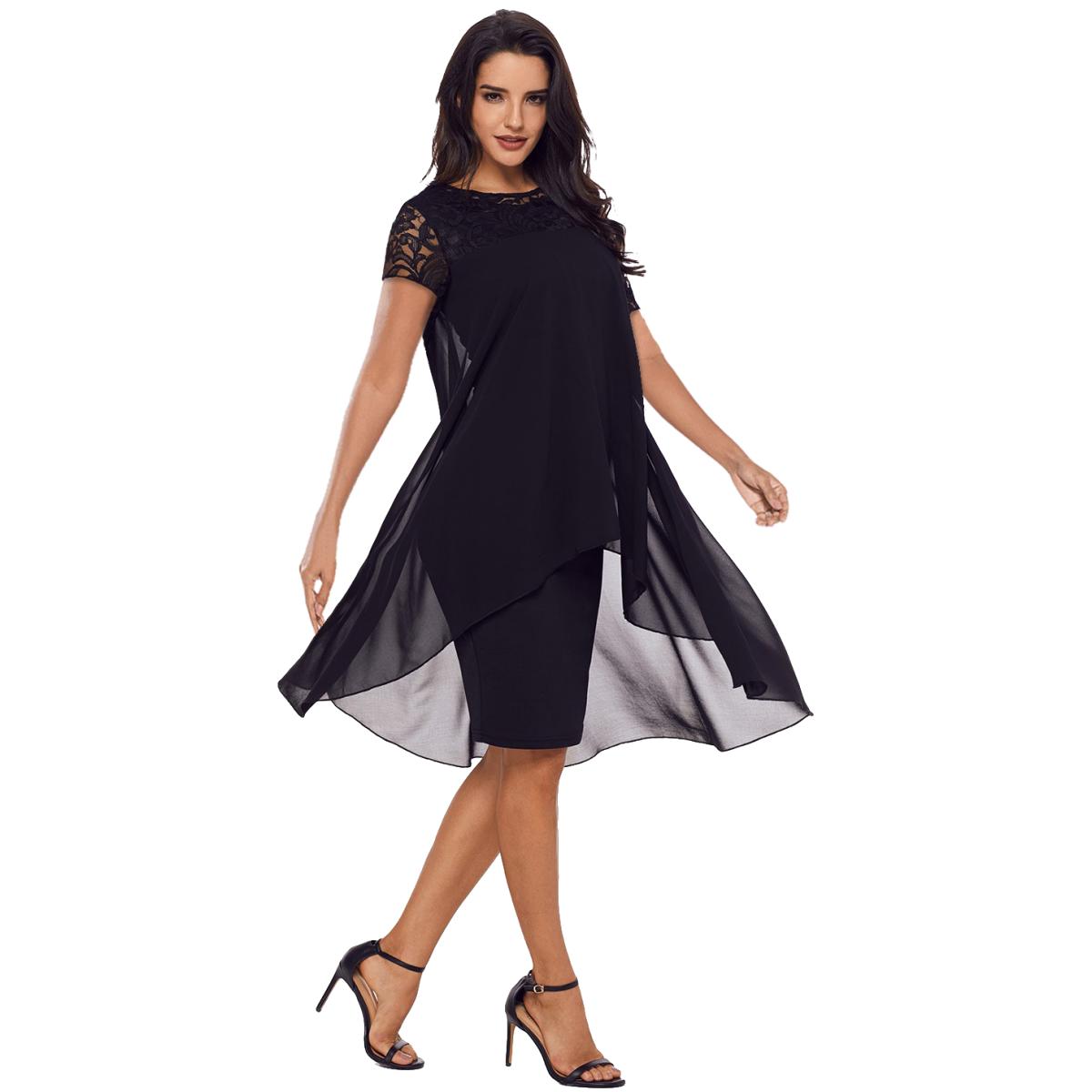 Elegant knee-length black dress, perfect for special occasions, showcasing a stylish design and high-quality fabric.