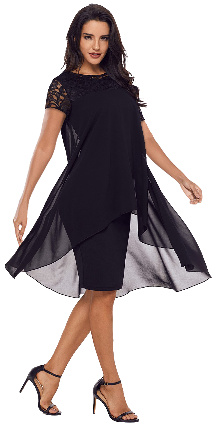 Elegant black knee-length dress with lace sleeves and asymmetric translucent top layer, featuring a round collar and invisible side zipper.