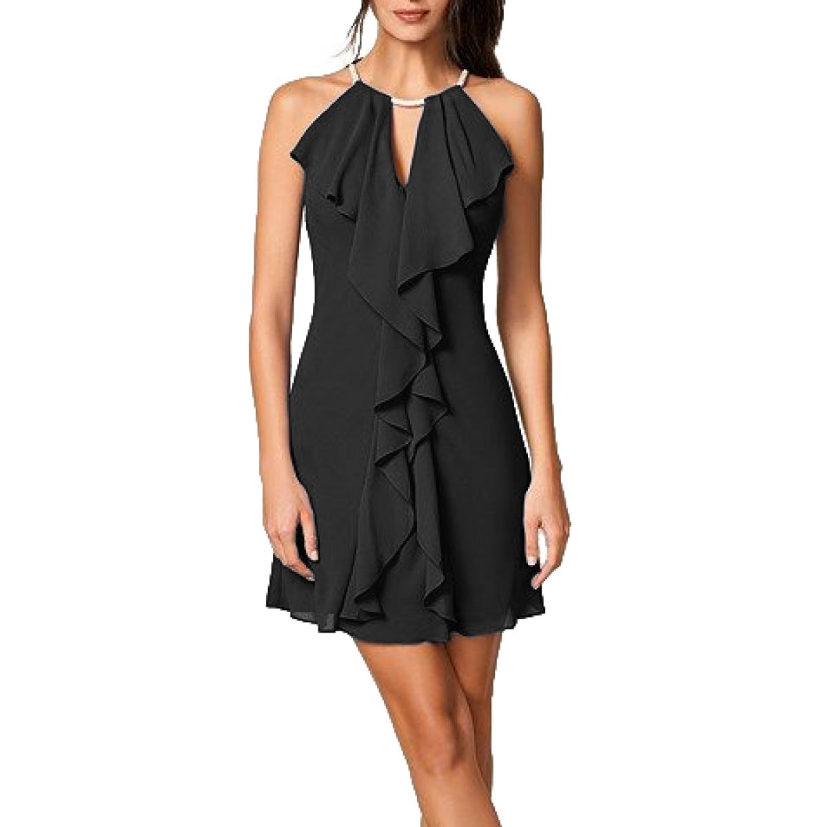 Elegant black dress with decorative ruffles, perfect for any occasion.