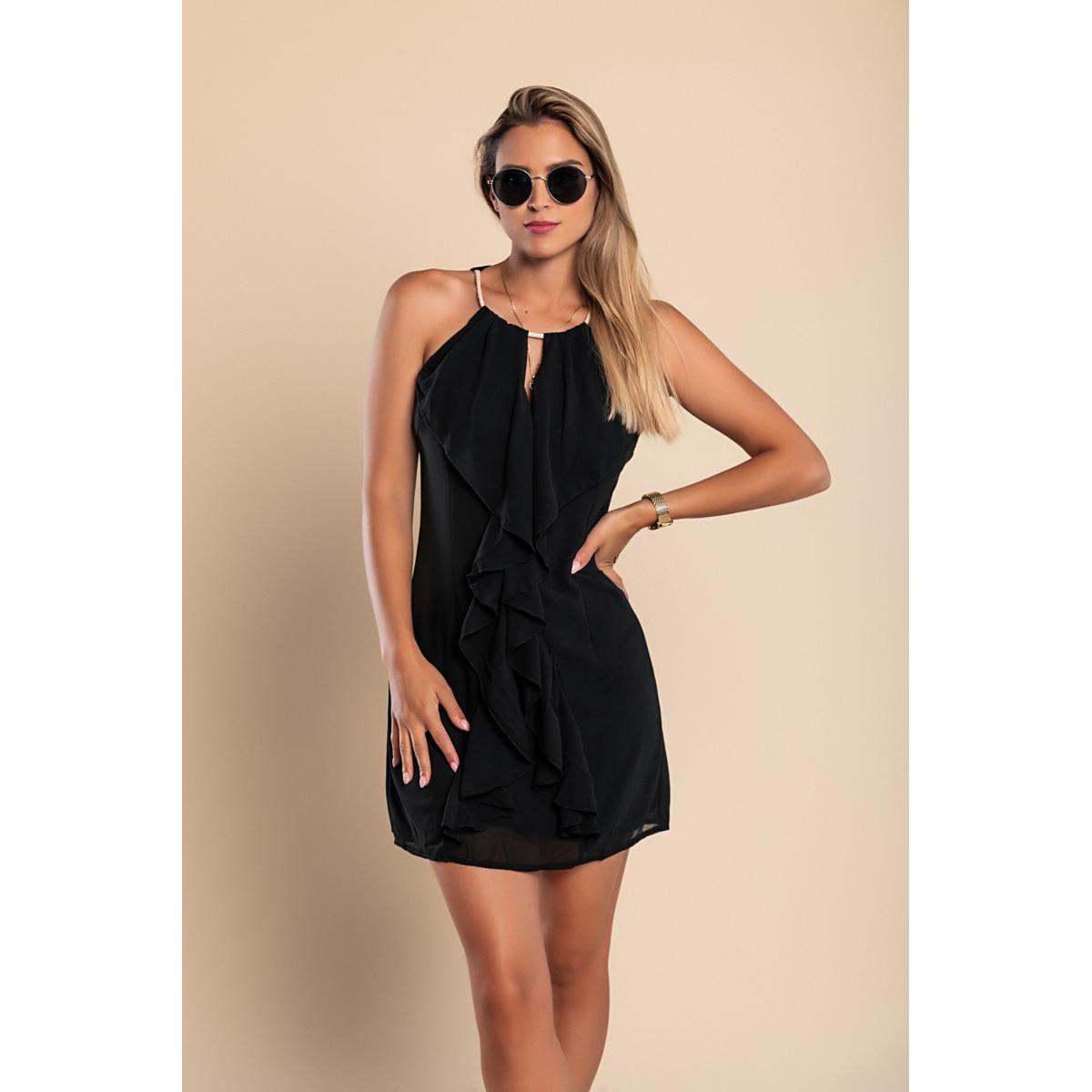 Elegant black dress with decorative ruffles, perfect for any occasion.