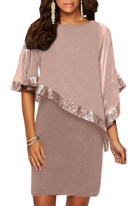 DRESS ARLET in antique pink, short elegant dress with round collar and glittery translucent fabric.