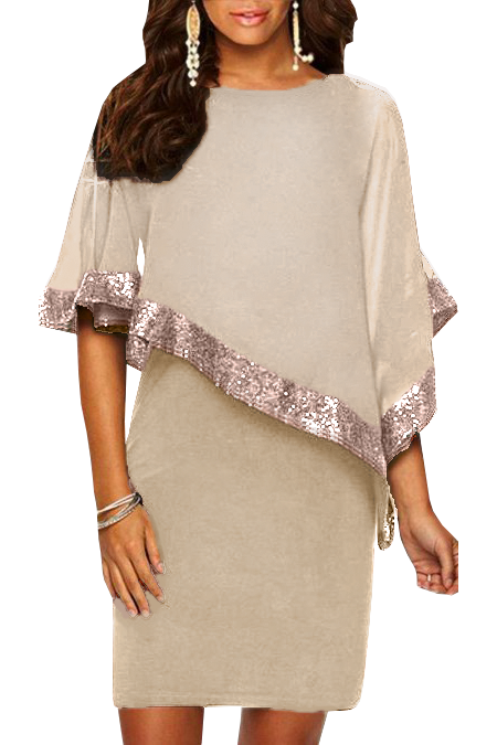 DRESS ARLET in beige, a short elegant dress with a round collar and glitter accents, perfect for special occasions.