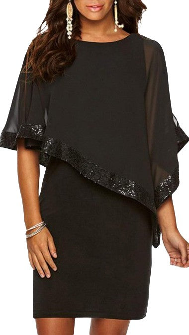 DRESS ARLET - BLACK, a chic short dress featuring a round collar, invisible back zipper, and glittery translucent fabric, perfect for special occasions.