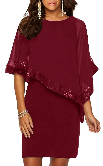 DRESS ARLET in Bordo, a stylish short dress with round collar and glittery translucent fabric.