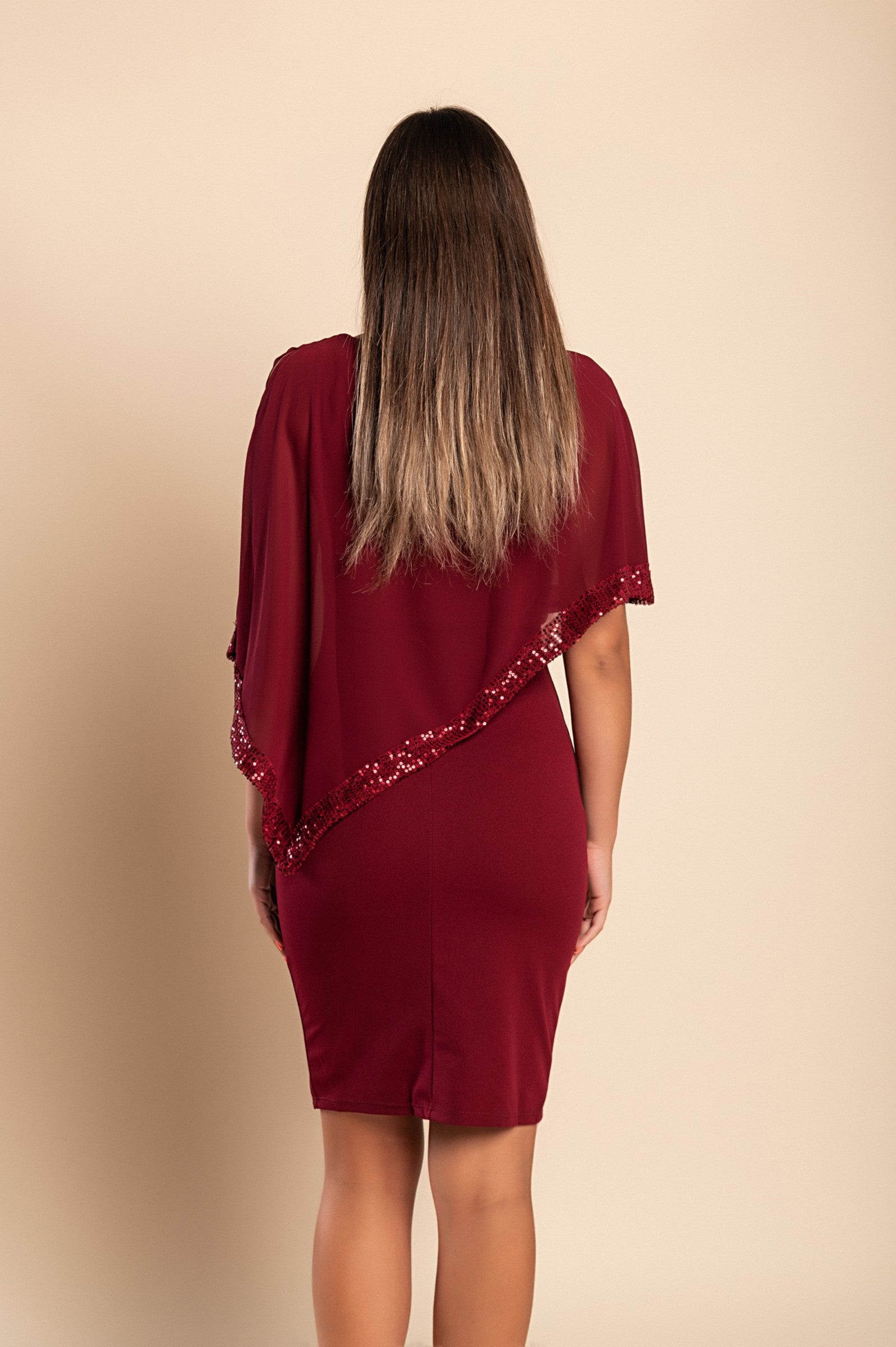 DRESS ARLET in Bordo, a stylish short dress featuring a round collar, invisible side zipper, and glittery translucent fabric.