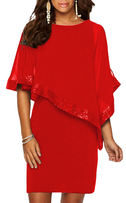 DRESS ARLET - RED, a stylish short dress with a round collar and glittery translucent fabric, perfect for special occasions.