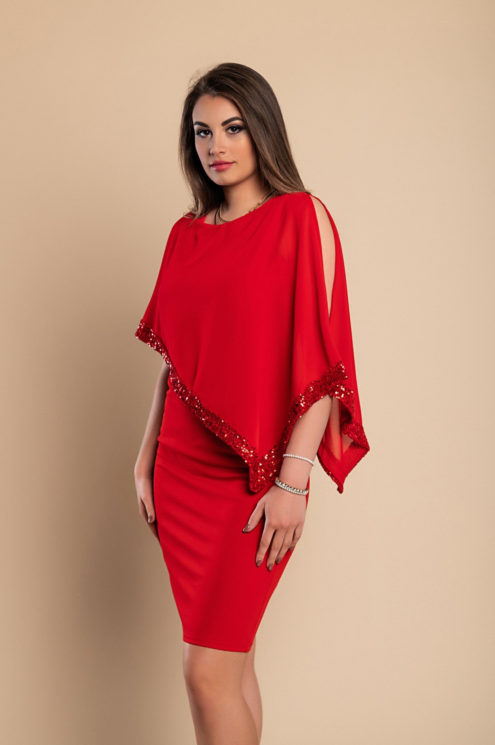 DRESS ARLET - RED, a stylish short dress with a round collar and glittery translucent fabric, perfect for special occasions.