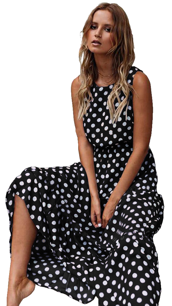 DRESS DOTTIE - BLACK, a stylish sleeveless black dress with a flowy skirt and back button closure, made from 100% viscose.