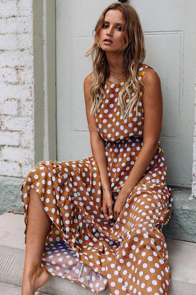 Woman in polka dot dress.