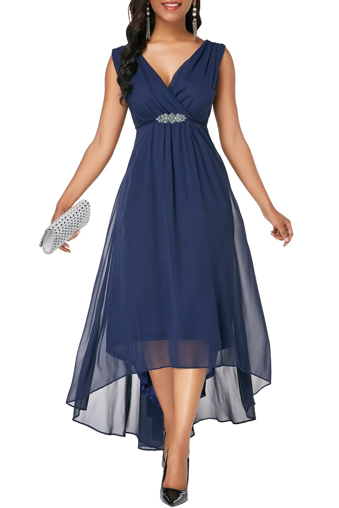 DRESS GRACIANA in dark blue featuring a beautiful cleavage design and asymmetric length, made of high-quality polyester.