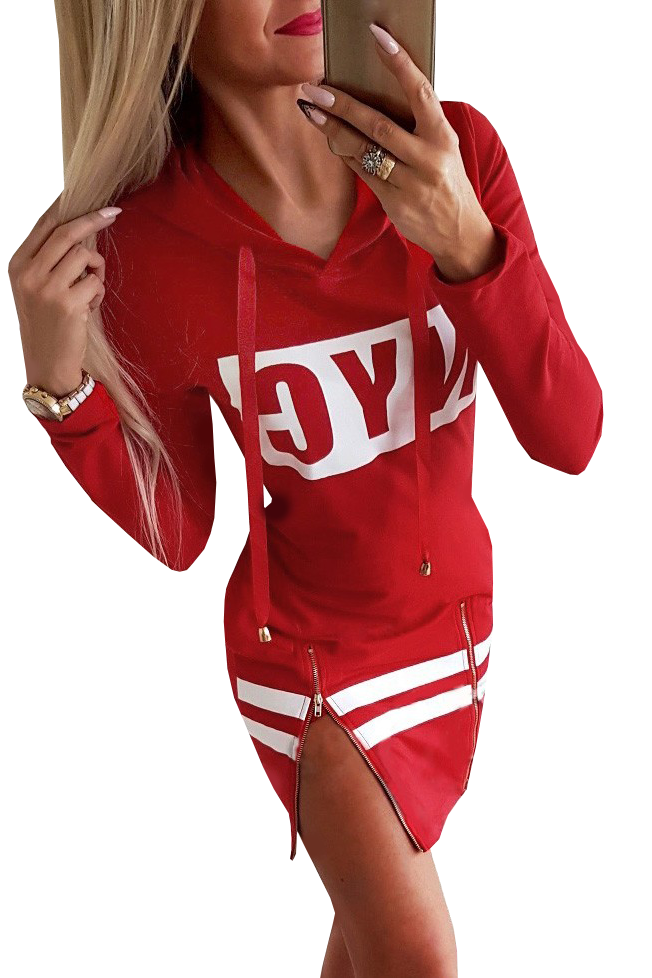 Sporty mini dress in red with adjustable hood, long sleeves, front zippers, and pockets, made from cotton and elastane.