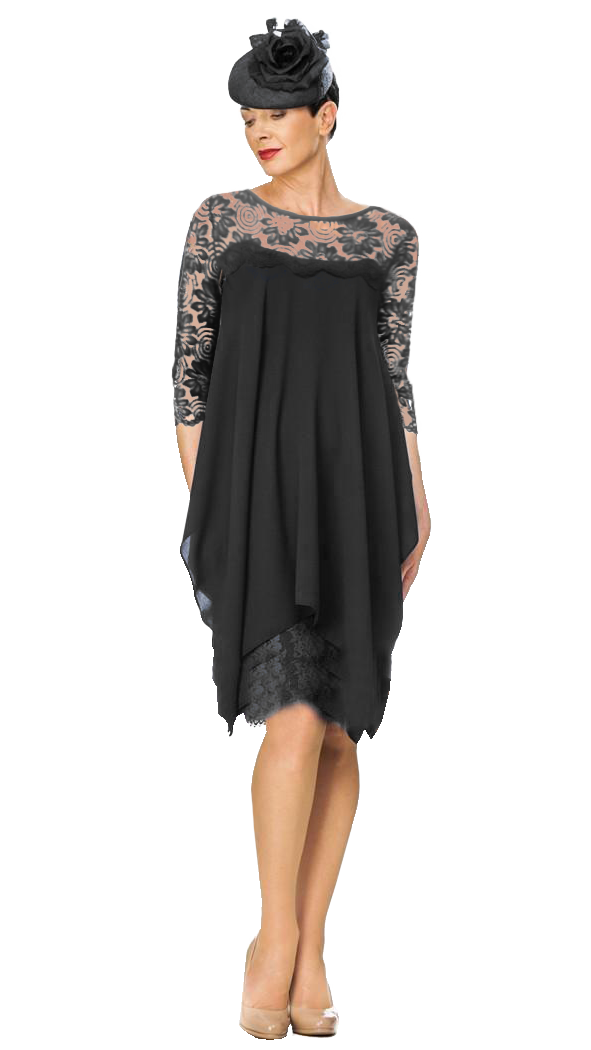 Elegant black knee-length dress with lace sleeves and asymmetric cut, perfect for special occasions.