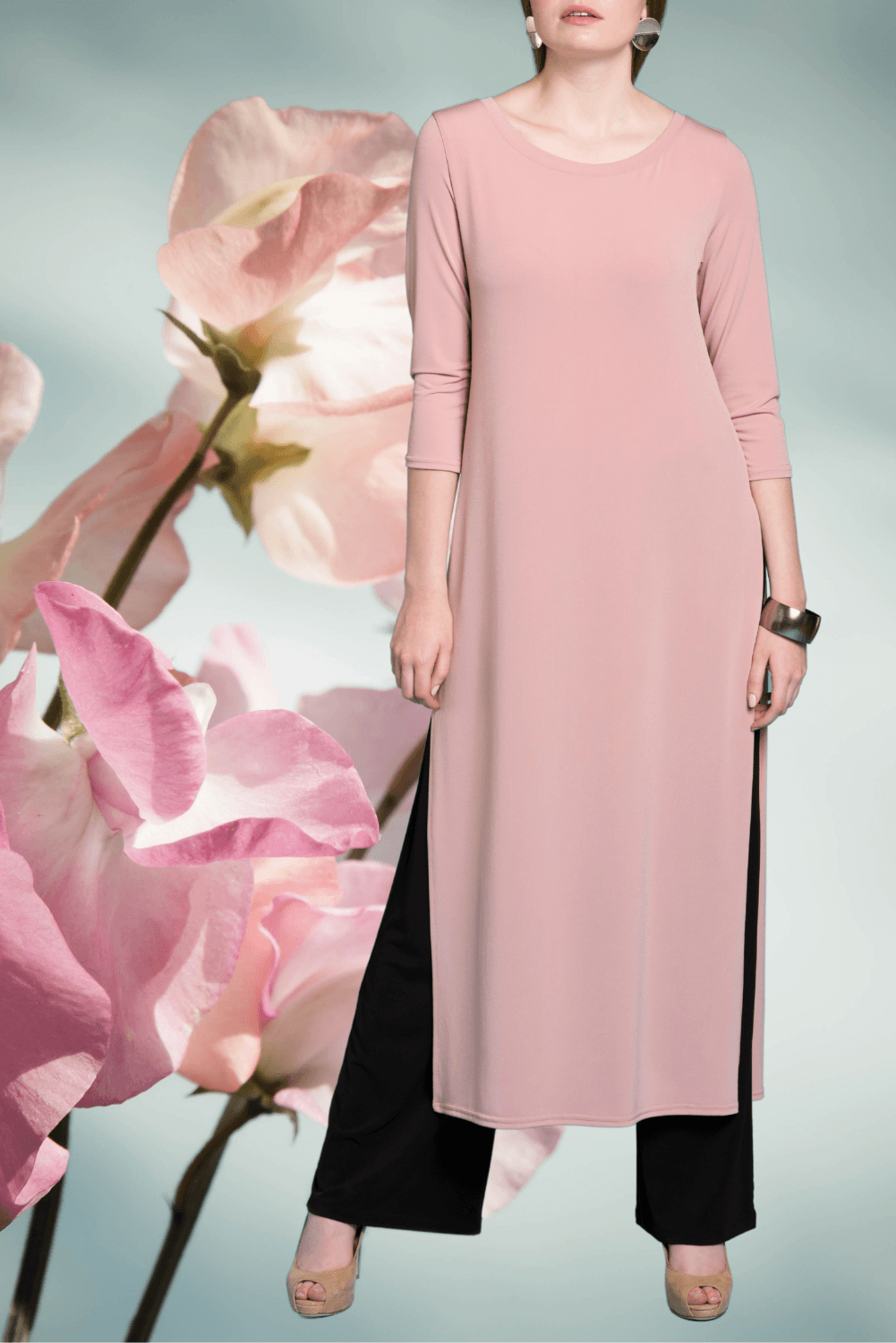 A stylish Dress Over Pant in Rose color featuring high slits, made from soft stretch knit jersey, perfect for versatile styling.