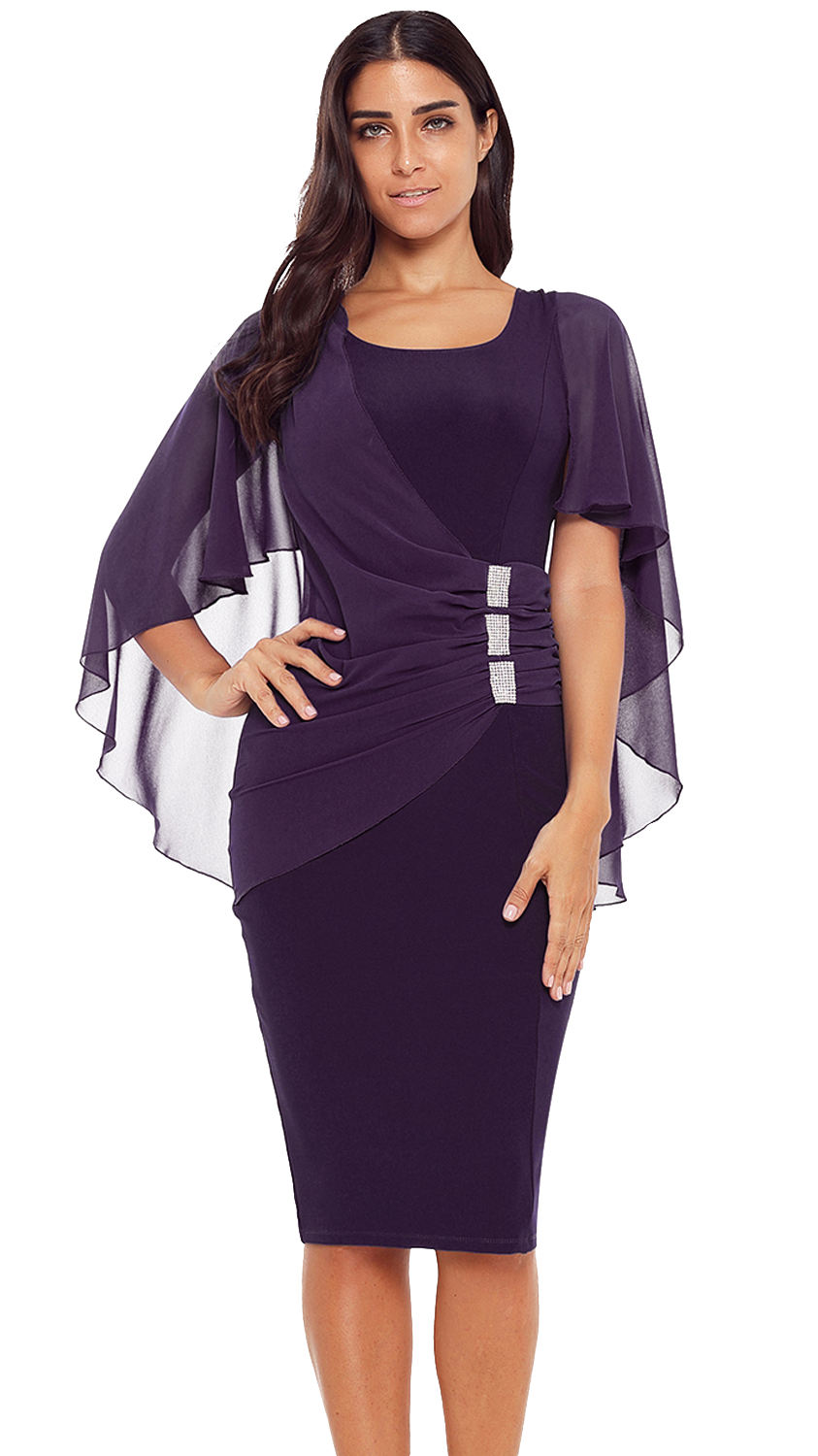 DRESS PAIGE - VIOLET, a sophisticated sleeveless knee-length dress with transparent shoulder fabric and stylish front detail.