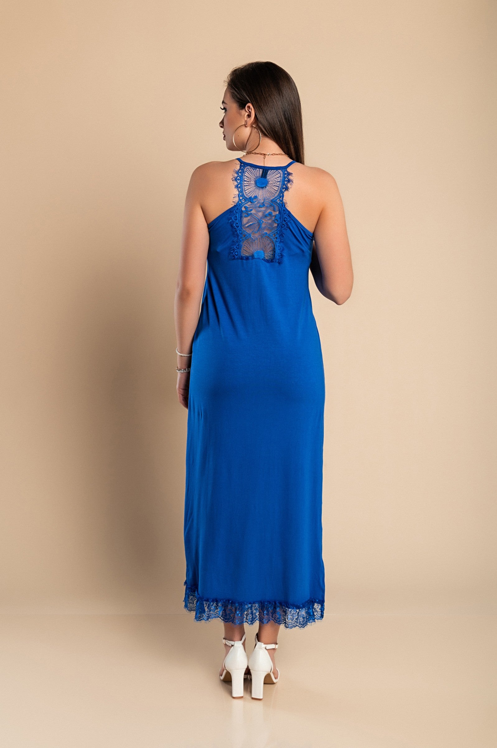 Elegant blue DRESS PRIMAROSA featuring lace details, 'V' neck, and thin straps, perfect for sophisticated occasions.