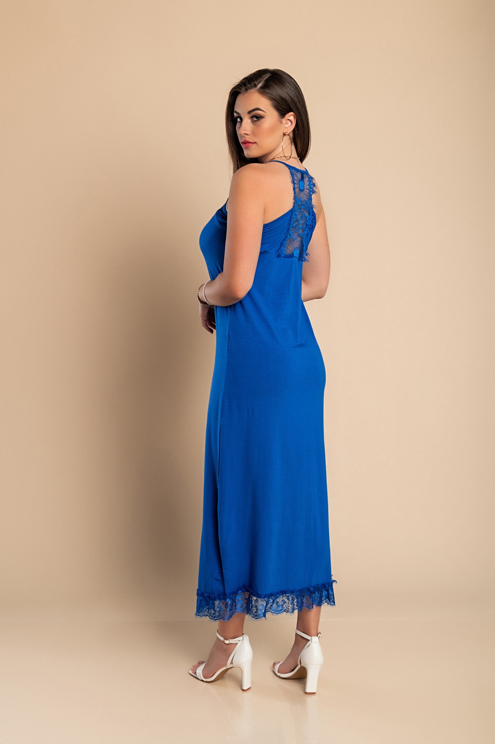 Elegant blue DRESS PRIMAROSA featuring lace details, 'V' neck, and thin straps, perfect for sophisticated occasions.