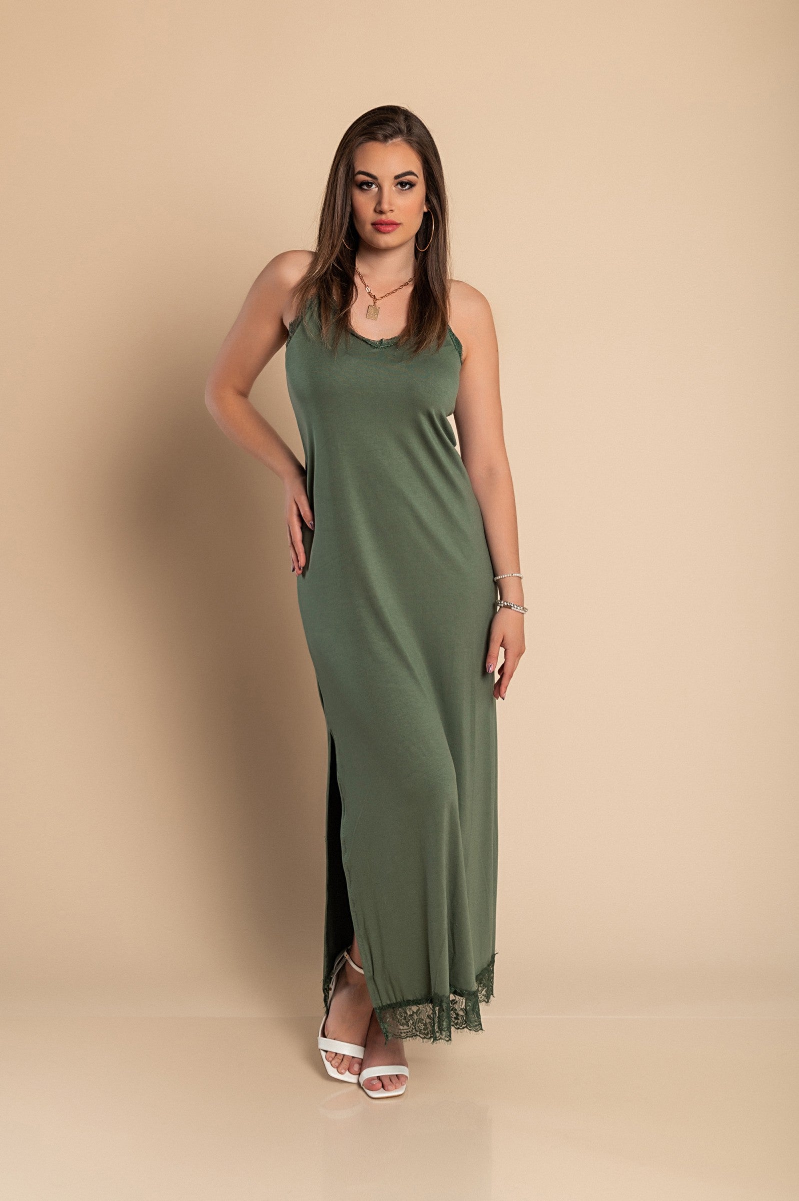 DRESS PRIMAROSA in Olive featuring lace details, 'V' neck, and thin straps, showcasing a sophisticated and elegant design.