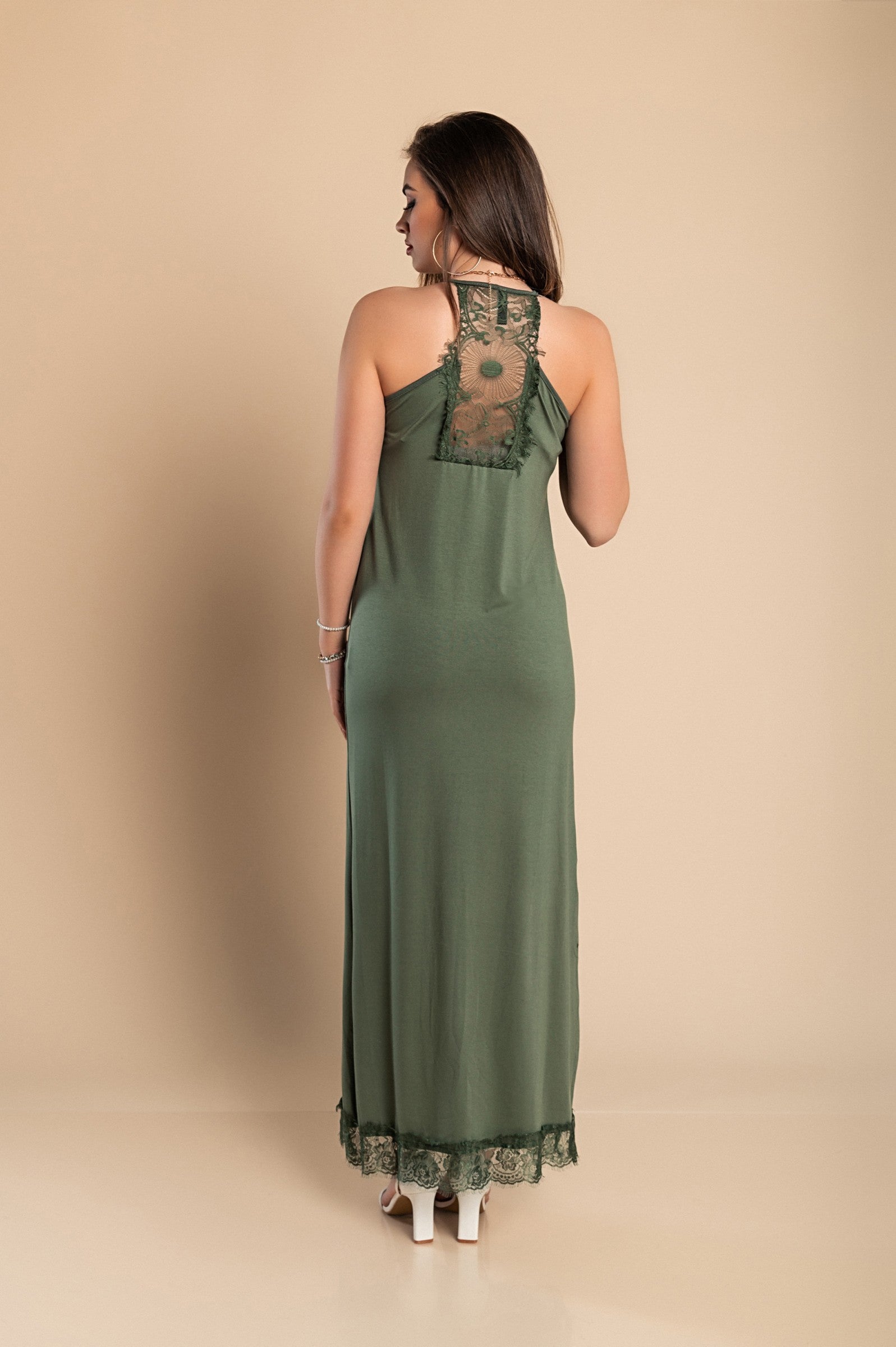 DRESS PRIMAROSA in Olive featuring lace details, 'V' neck, and thin straps, showcasing a sophisticated and elegant design.