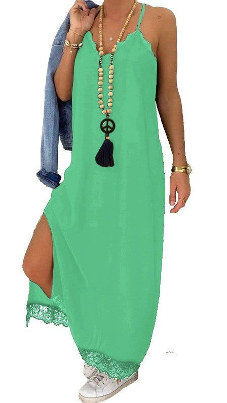 Elegant turquoise DRESS PRIMAROSA featuring lace details and a 'V' neck design, perfect for sophisticated occasions.