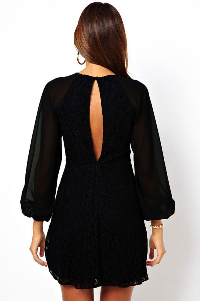 Elegant black DRESS SHERRI featuring floral lace, translucent sleeves, and a back cutout, perfect for any occasion.