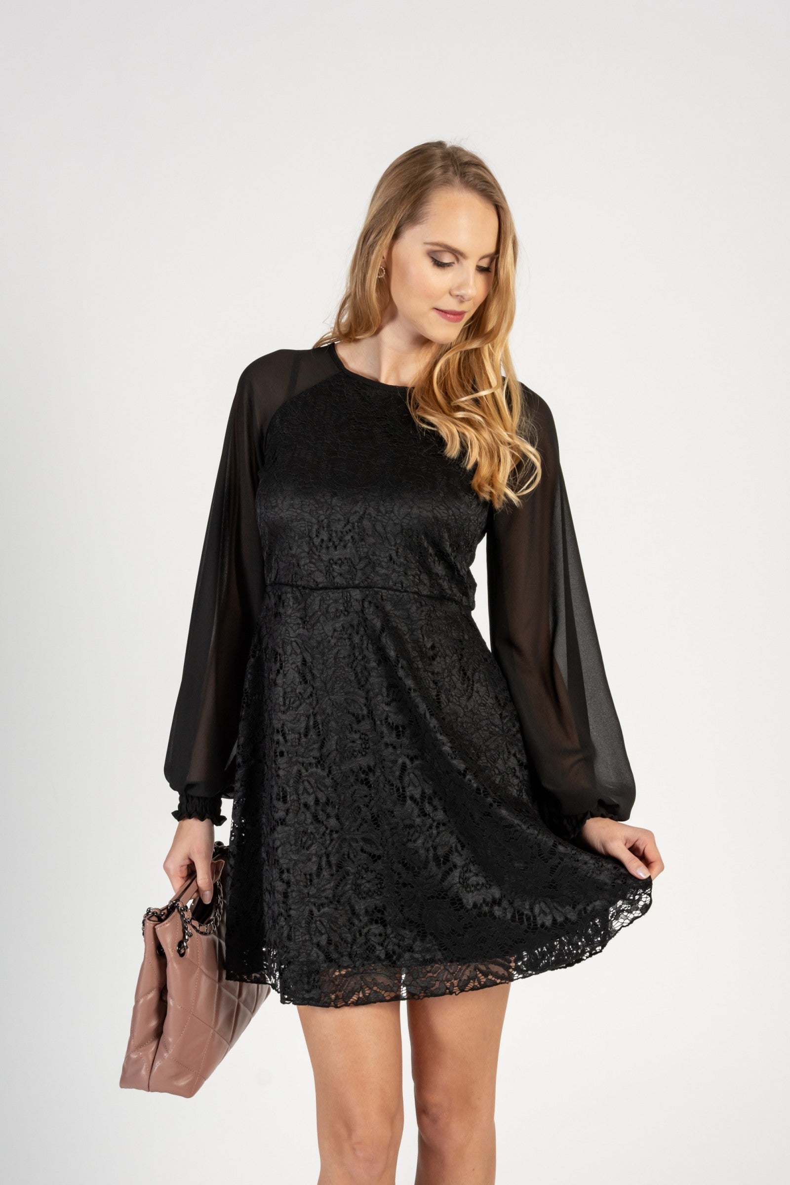 Elegant black DRESS SHERRI featuring floral lace, translucent sleeves, and a back cutout, perfect for any occasion.