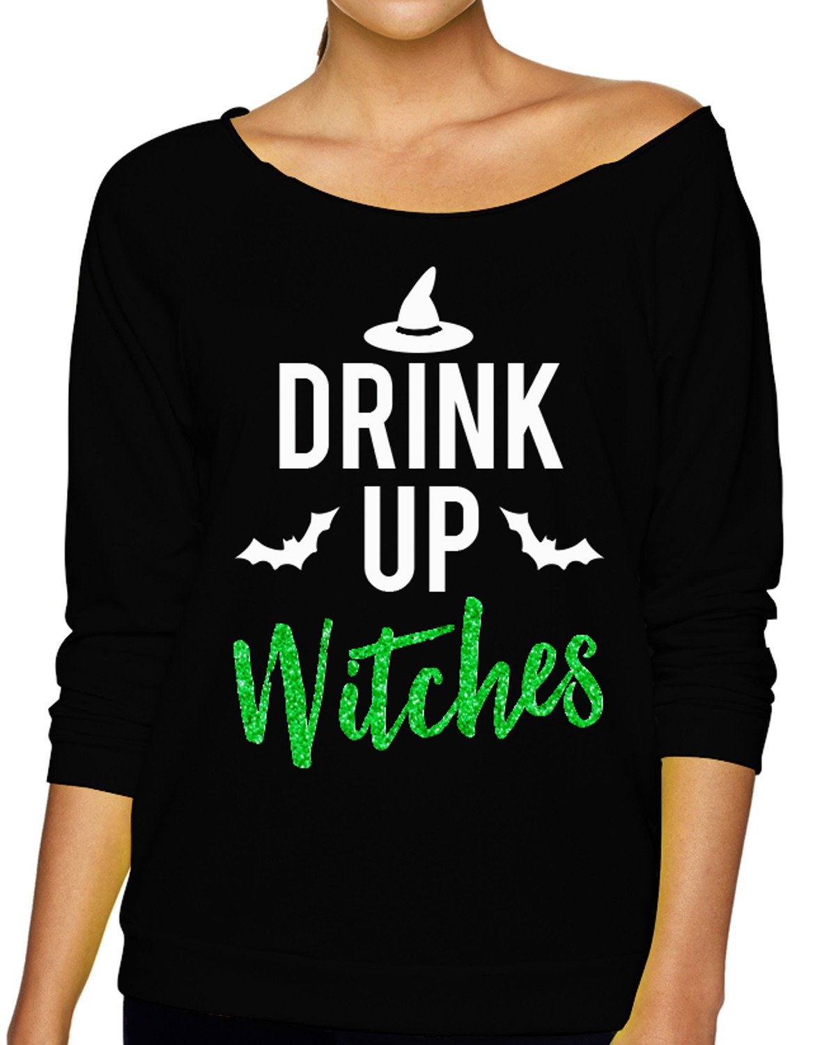 DRINK UP WITCHES Halloween slouchy sweatshirt with green glitter print, perfect for festive celebrations.