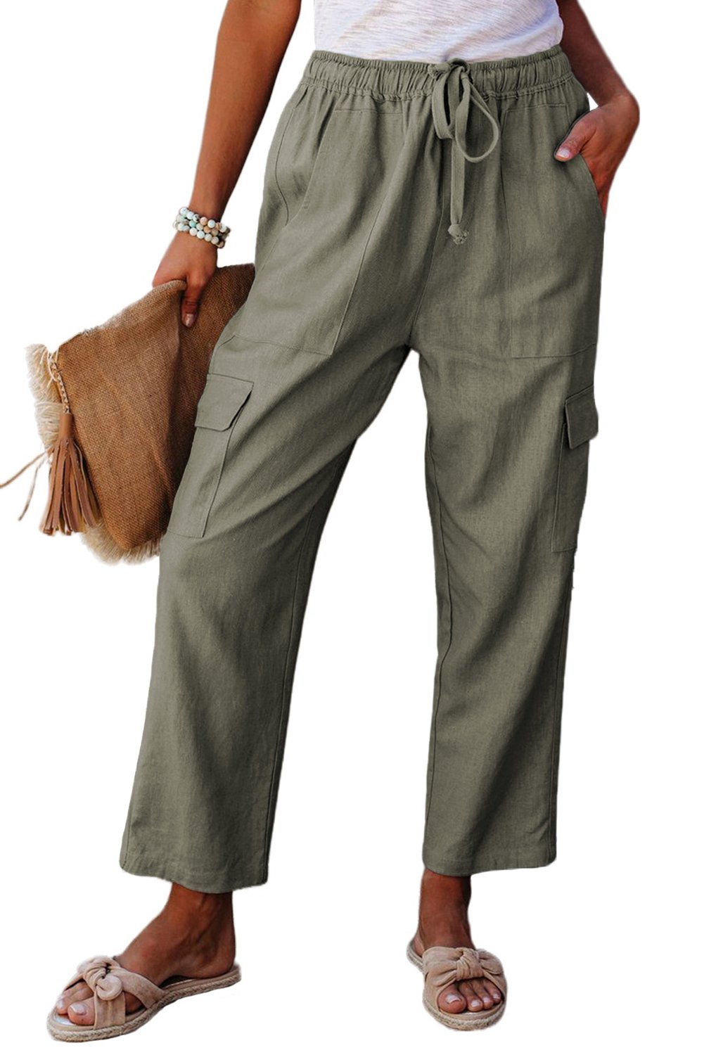 Driven Linen Blend Pocketed Cargo Pants showcasing a relaxed fit, elastic drawstring waistband, and casual cargo pockets in a stylish design.