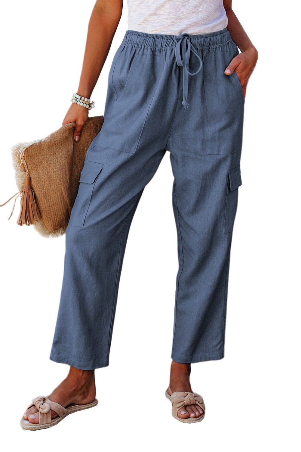 Driven Linen Blend Pocketed Cargo Pants showcasing a relaxed fit, elastic drawstring waistband, and casual cargo pockets in a stylish design.