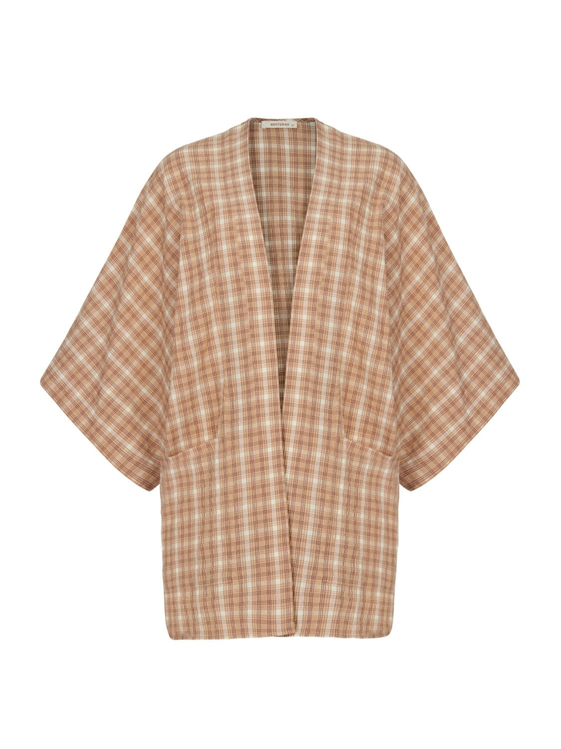 A stylish Dropped Shoulder Plaid Kimono with elbow-length sleeves, featuring patch pockets and side slits, perfect for summer wear.