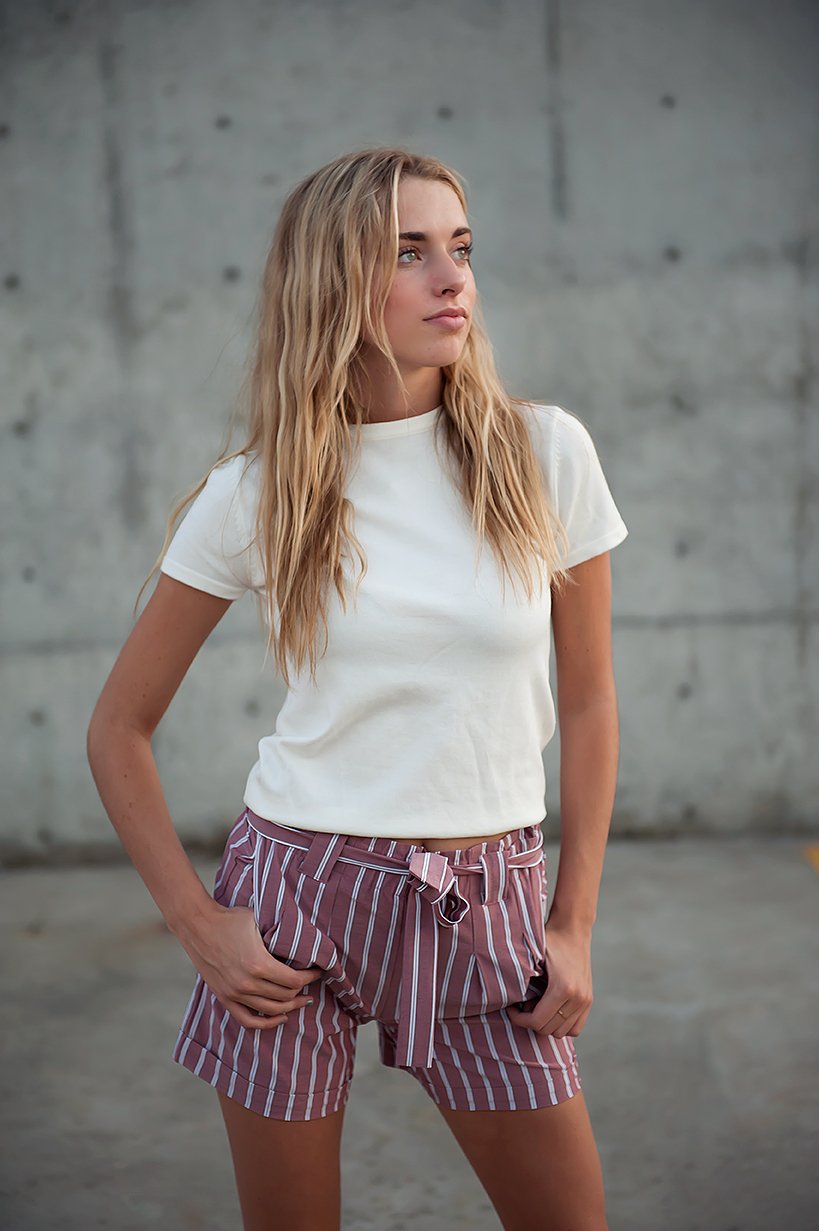 DT Avery Paper Bag Shorts in Red Earth, featuring a muted earthy red stripe design, perfect for summer wear.