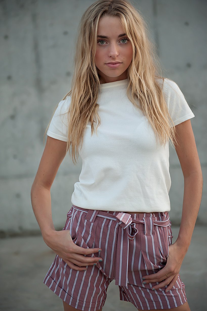 DT Avery Paper Bag Shorts in Red Earth, featuring a muted earthy red stripe design, perfect for summer wear.