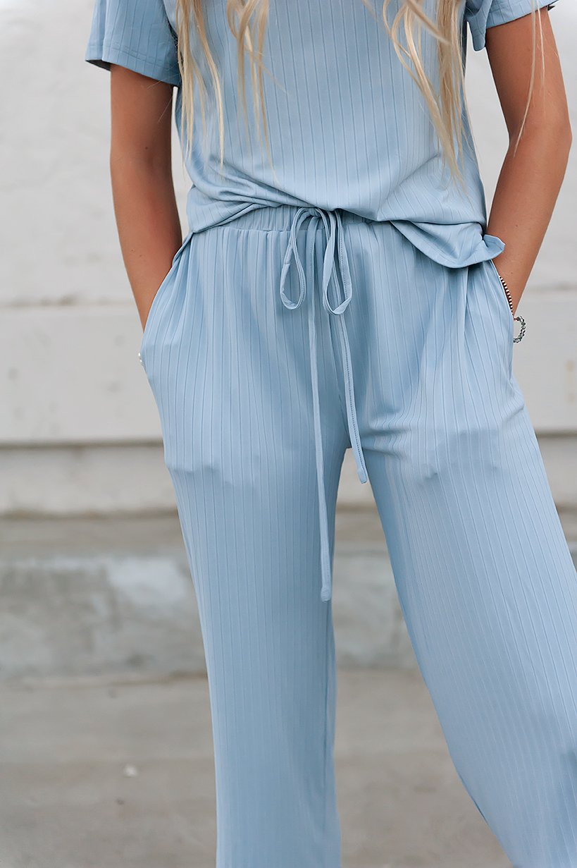 DT Emma two-piece set in Baby Blue, featuring a soft fabric and stylish design, perfect for lounging or casual outings.