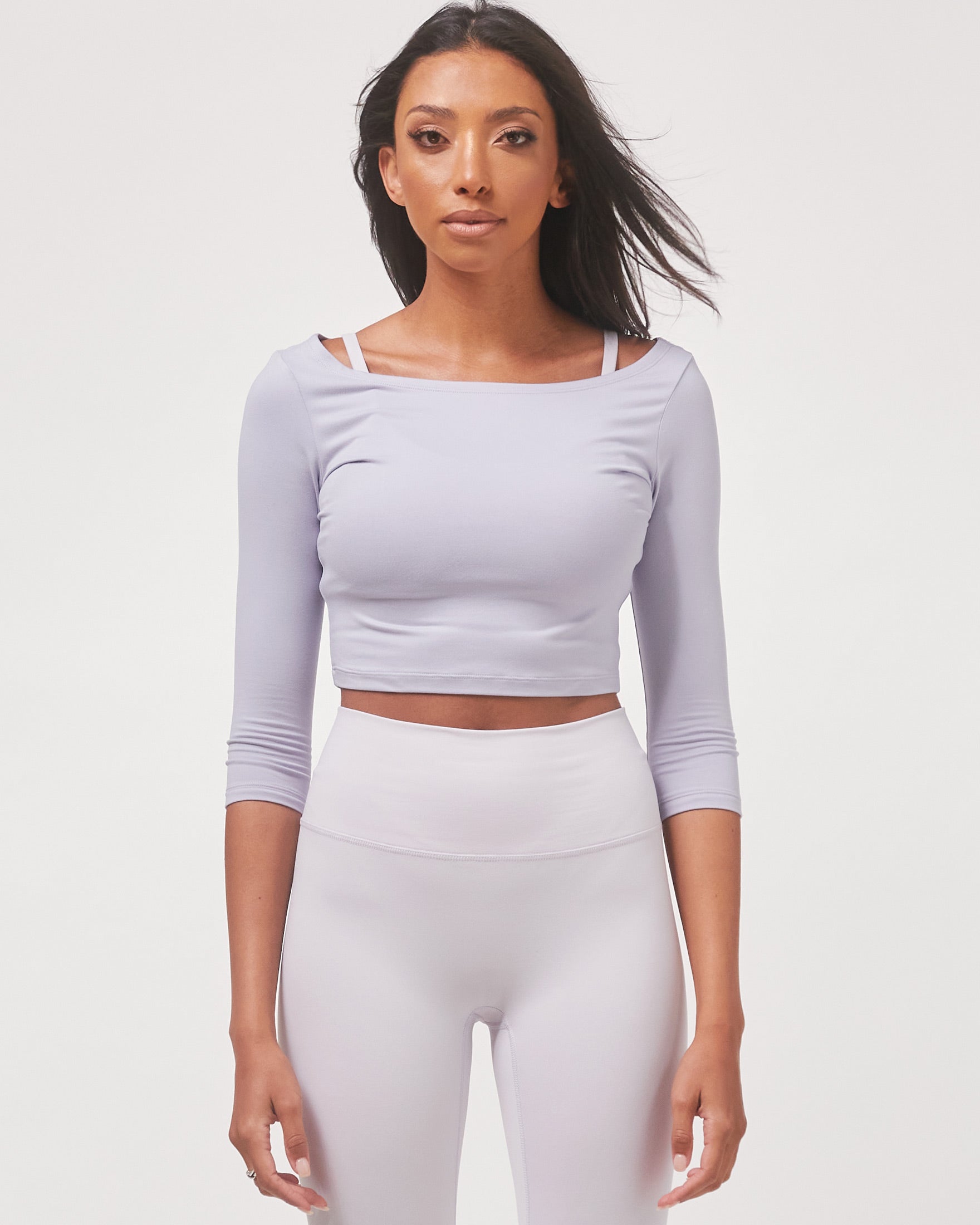 Dynamic Cozy Open Shoulder 3/4 Sleeve top in soft fabric, featuring open shoulders and 3/4 sleeves, perfect for casual and active wear.