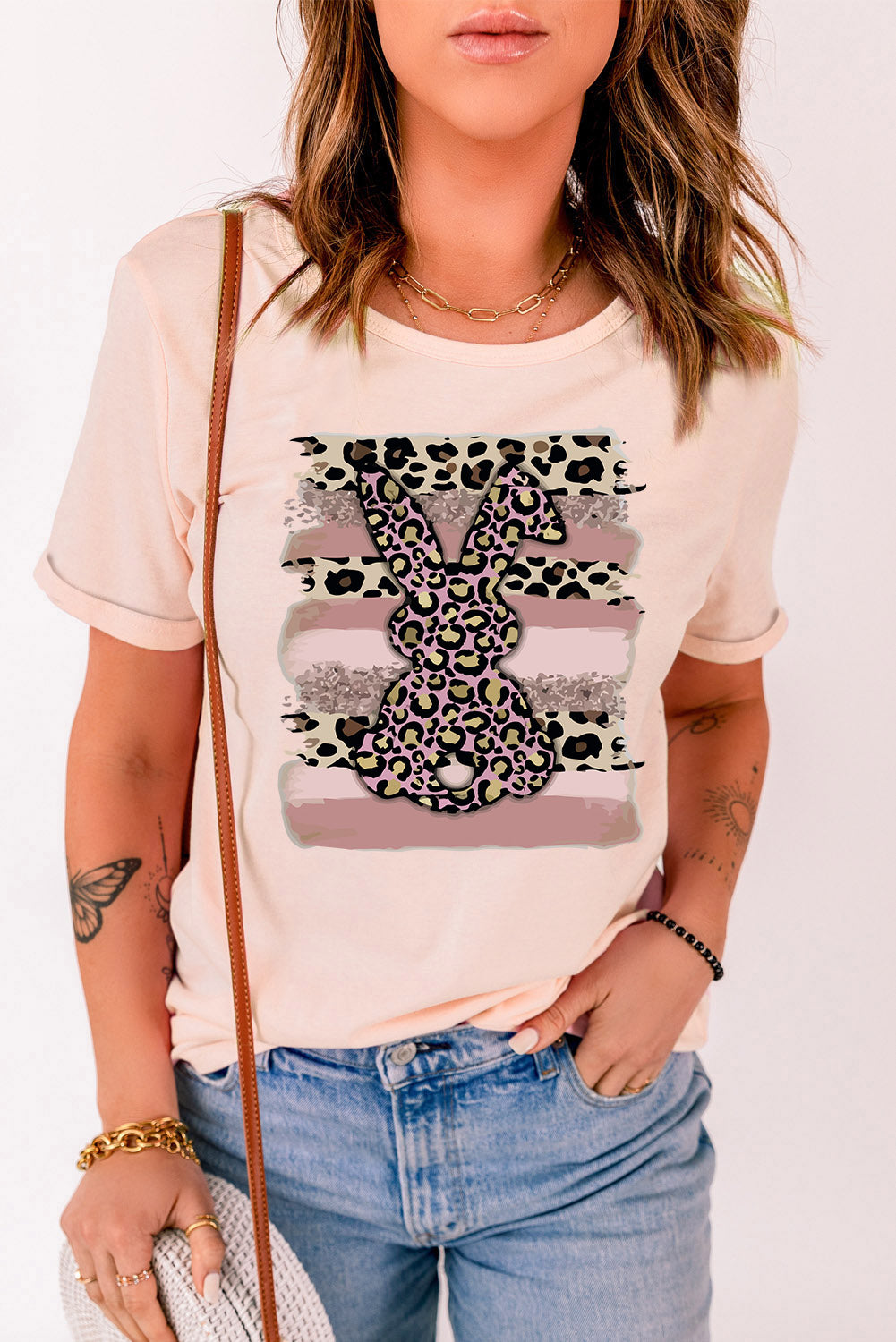 Easter Leopard Bunny Graphic T-Shirt featuring a playful leopard bunny design on a casual tee, perfect for spring celebrations.