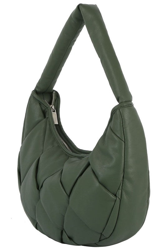 ecostitch Puffy Woven Hobo Shoulder Bag featuring a chic puffy woven design in faux vegan leather with silver-tone hardware.