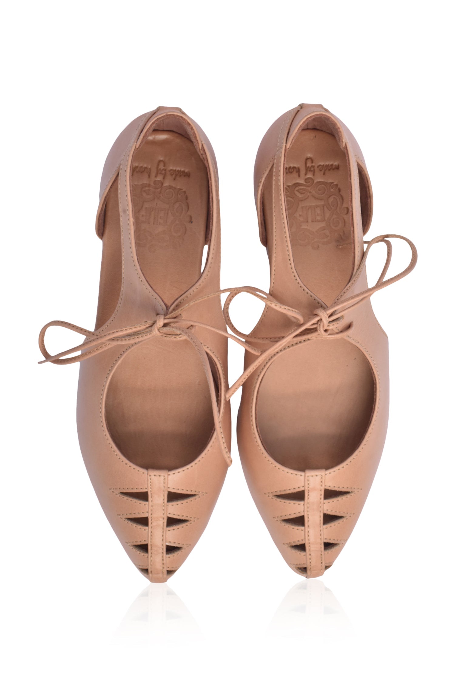 Eden Pointy Toe Ballet Flats in genuine leather with unique cutouts, showcasing a stylish and elegant design.