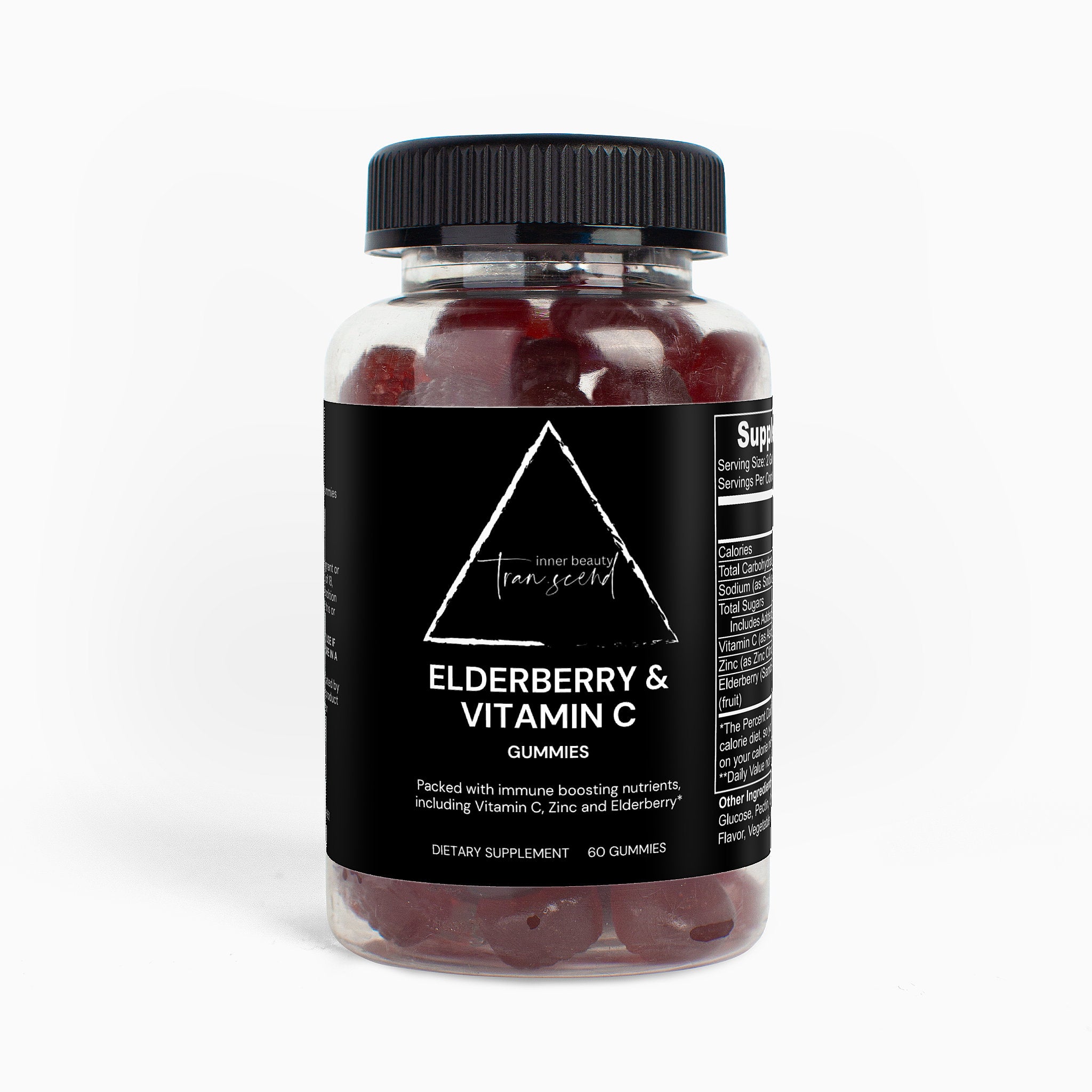 A bottle of Elderberry & Vitamin C Gummies showcasing the product's vibrant color and packaging, highlighting its immune-boosting benefits.