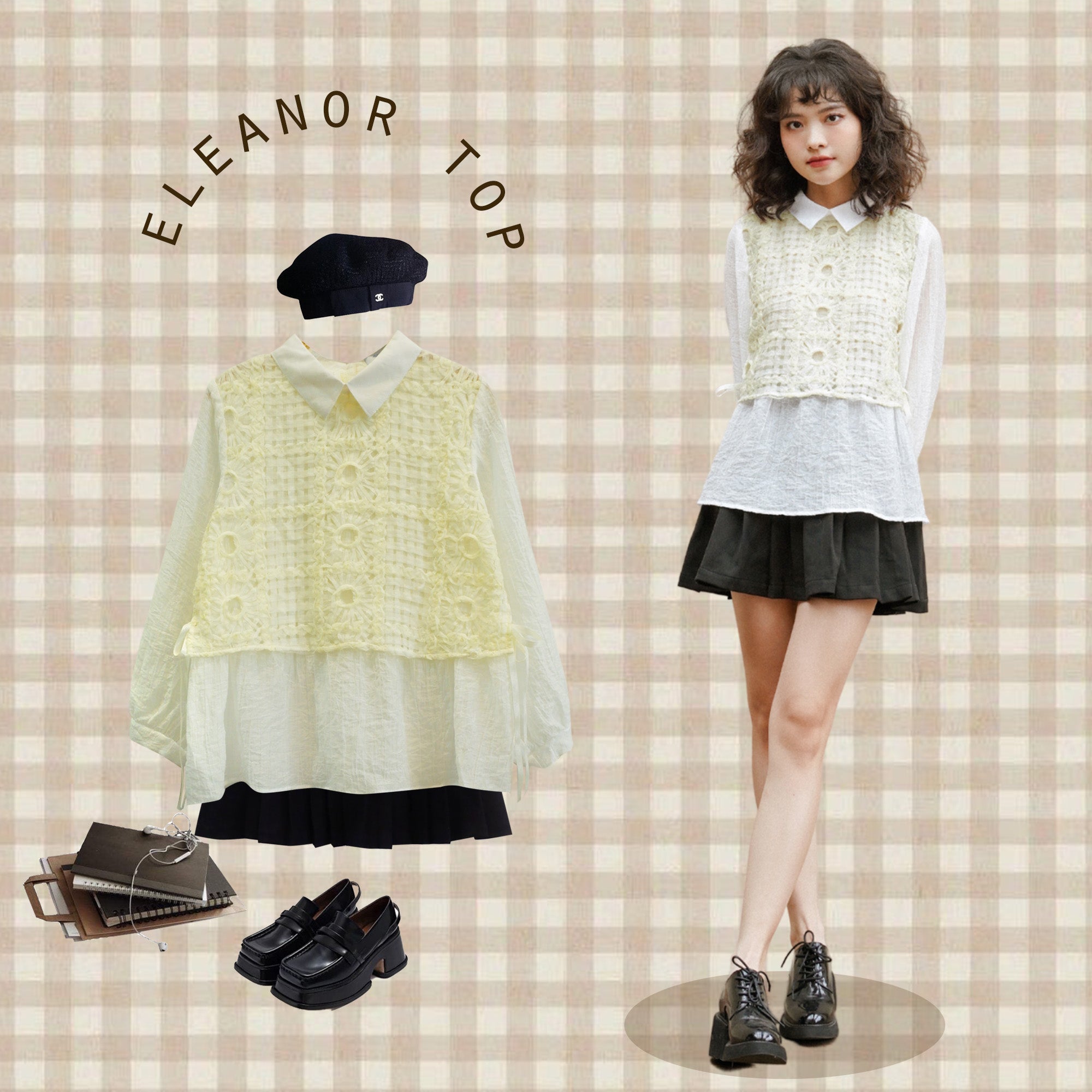 Eleanor Top featuring floral lace outer layer and chiffon inner shirt, styled elegantly with ribbon ties.