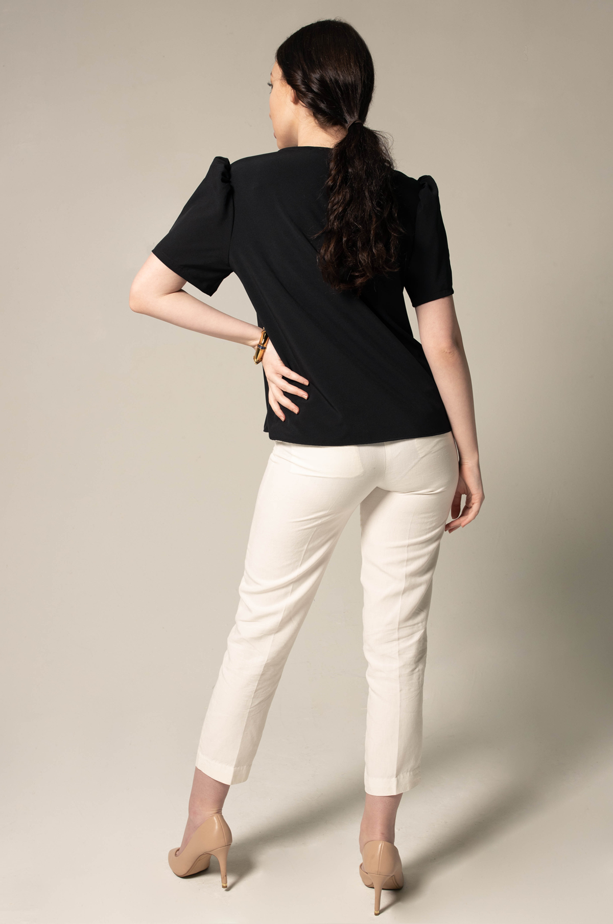 Elegance Round Neck Blouse in Black, featuring a classic round neck design, made from polyester and spandex, ideal for office and casual wear.