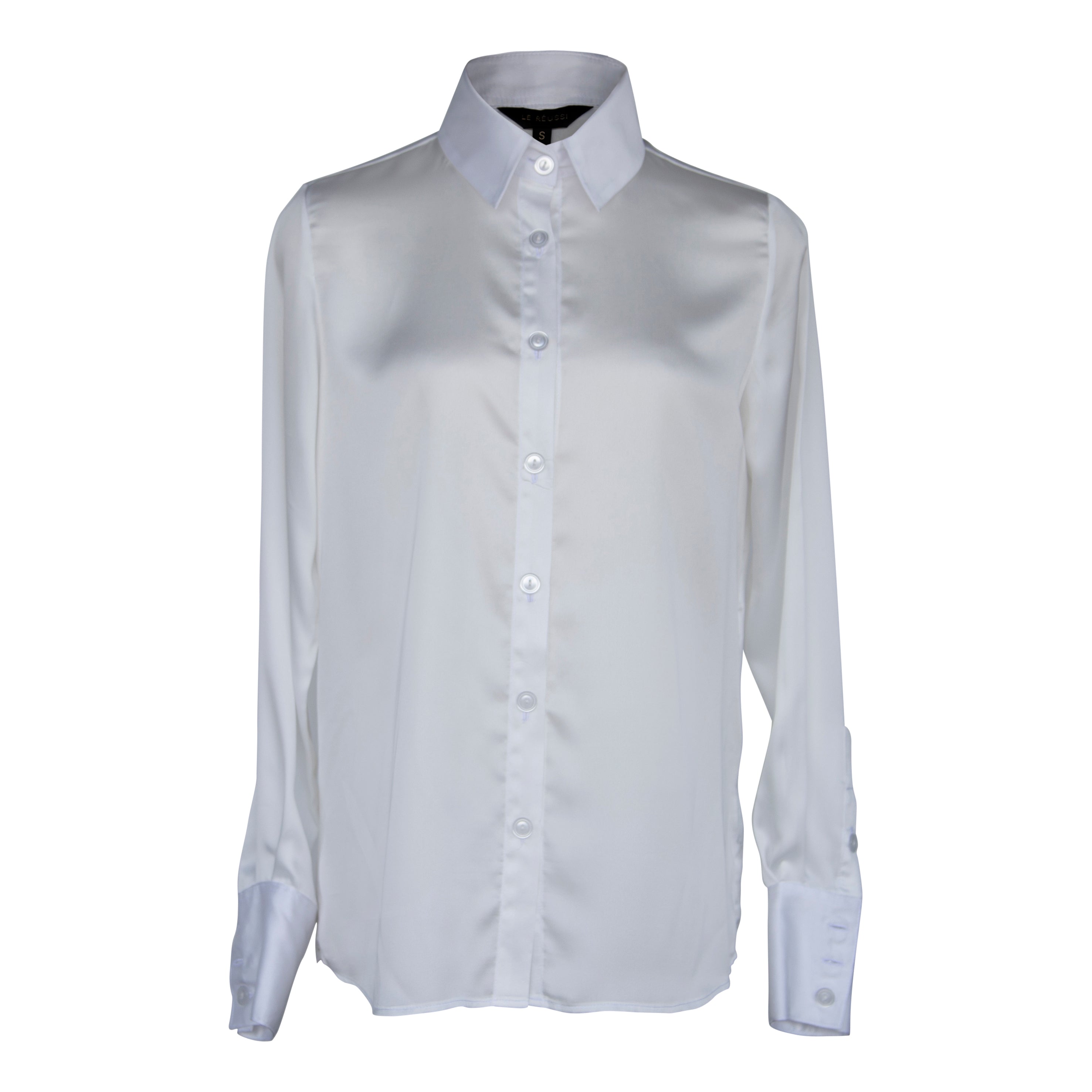 Elegance Silk Blouse in White, showcasing its luxurious silk charmeuse fabric and button-up design.