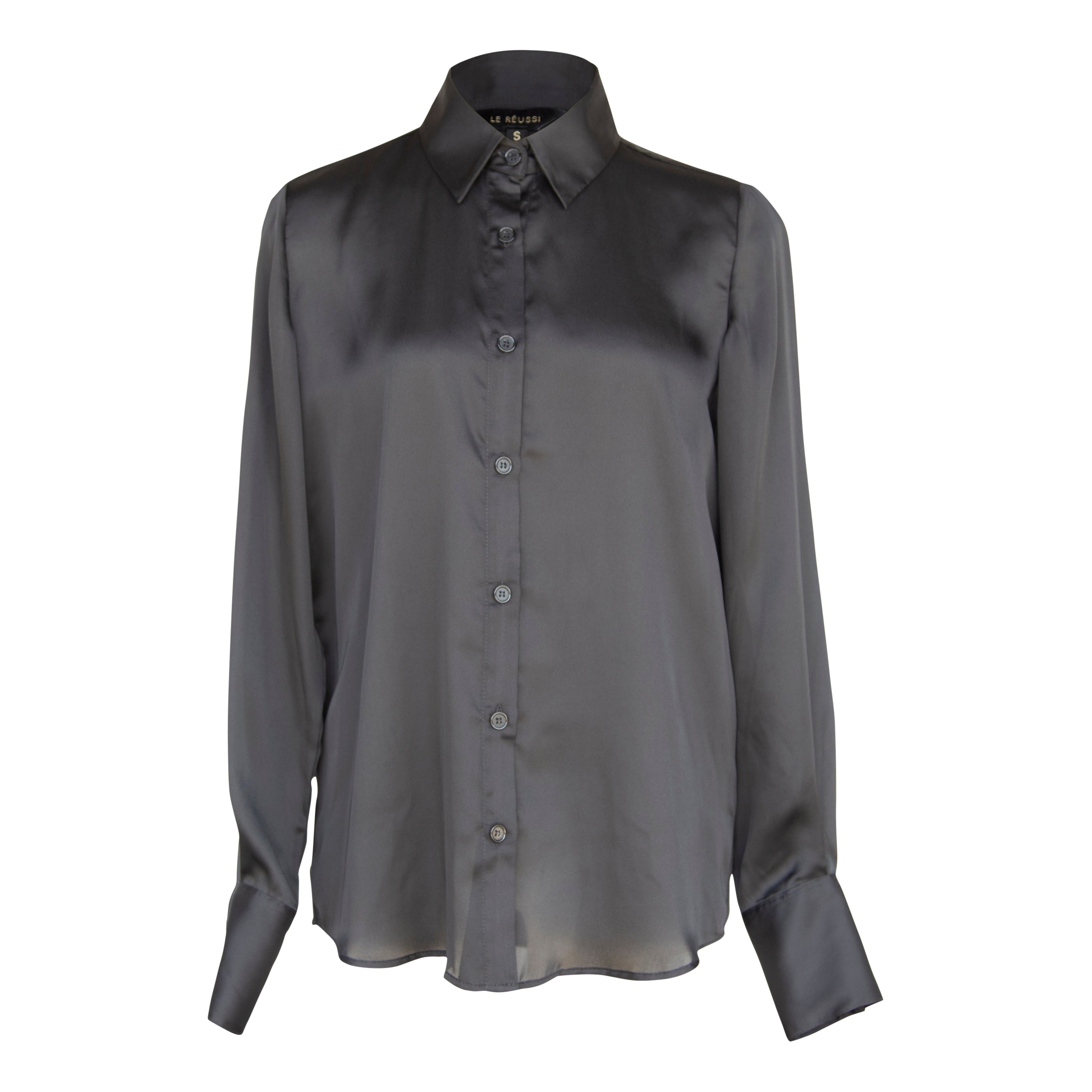 Elegance Silk Shirt in Black, showcasing luxurious silk charmeuse fabric with a classic design, perfect for work and special occasions.